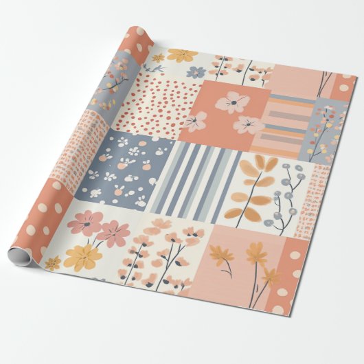 Bloemen Patchwork Patroon - Pastel (9) Cadeaupapier (Uitgerold)