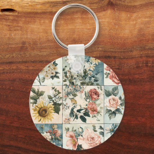 Bloemen Patchwork Style Design Sleutelhanger (Achterkant)