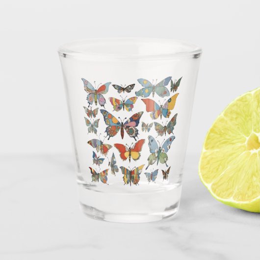 Bloemen Patchwork Vlinders Shot Glas (Voorkant)
