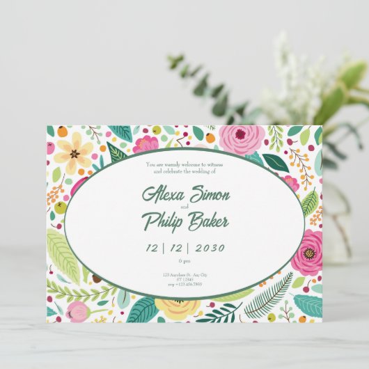 Bloemen Patroon Bruiloft Kaart (Staand voorkant)