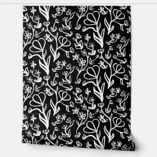 Bloemen Patroon in wit op zwart Behang
