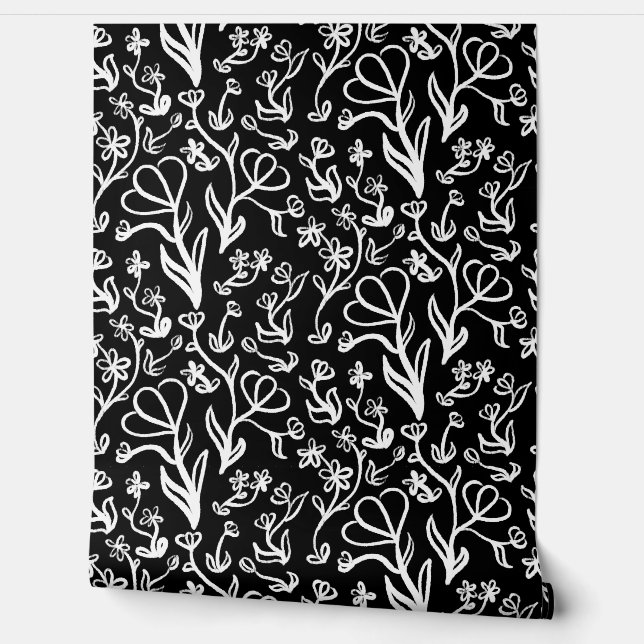 Bloemen Patroon in wit op zwart Behang (Afrollen)