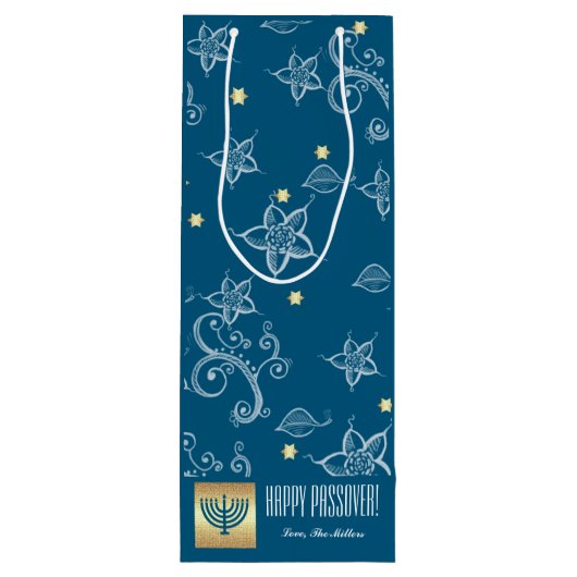 Bloemen patroon, Menorah, aangepaste naam Pascha Wijn Cadeautas (Achterkant)