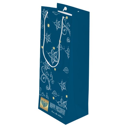 Bloemen patroon, Menorah, aangepaste naam Pascha Wijn Cadeautas (Achterkant Gekanteld)