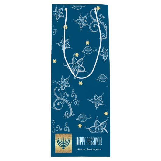 Bloemen patroon, Menorah, aangepaste naam Pascha Wijn Cadeautas (Voorkant)