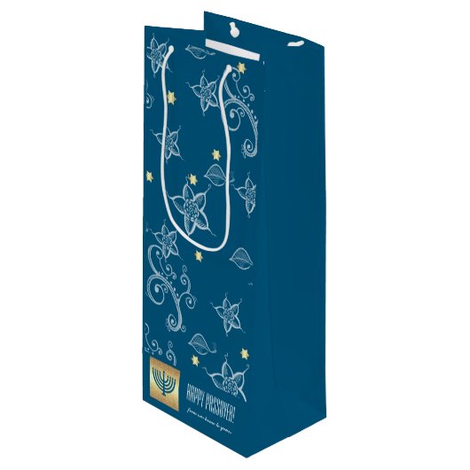 Bloemen patroon, Menorah, aangepaste naam Pascha Wijn Cadeautas (Voorkant Gekanteld)