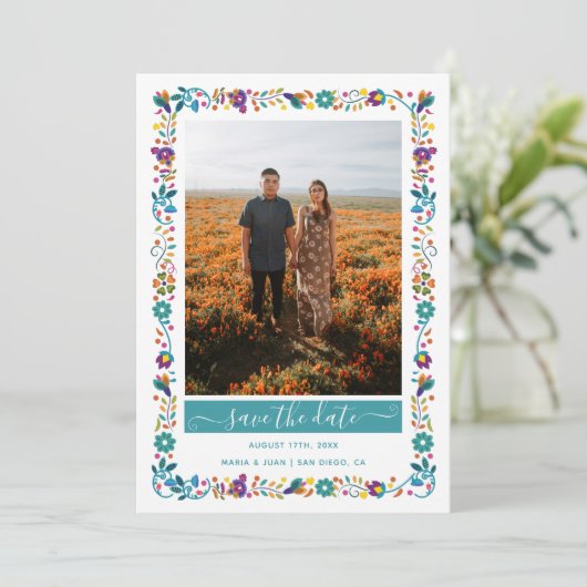 Bloemen Patroon Mexicaanse Stijl Foto Bruiloft Save The Date (Staand voorkant)