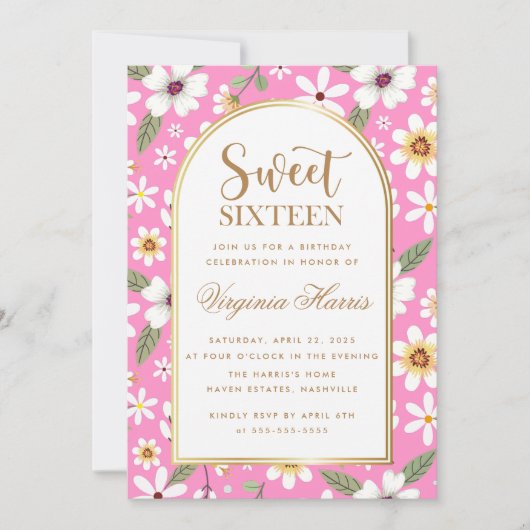 Bloemen Patroon Roze Zoet Zestien 16 Verjaardag Kaart (Voorkant)