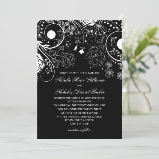 Bloemen Patroon Zwart/Wit - bruiloft uitnodiging (Staand voorkant)