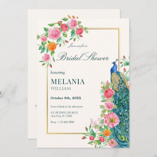 Bloemen pauw bruids douche Uitnodiging (Voorkant / Achterkant)
