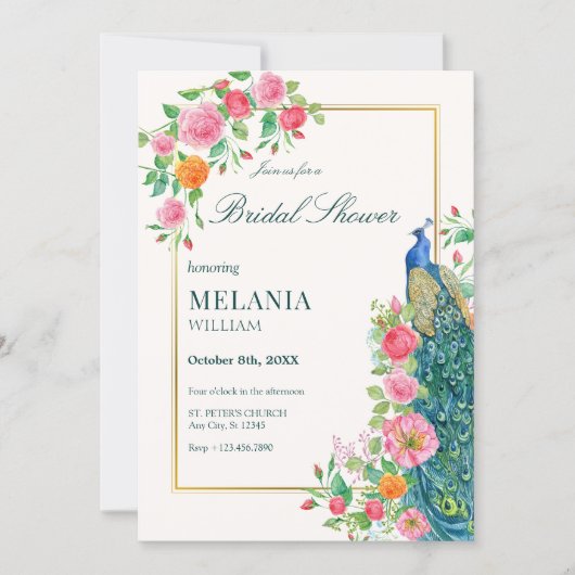 Bloemen pauw bruids douche Uitnodiging (Voorkant)