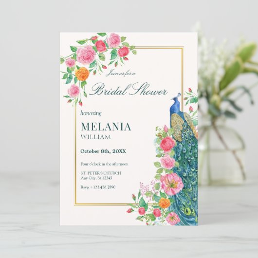 Bloemen pauw bruids douche Uitnodiging (Staand voorkant)