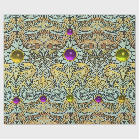 BLOEMEN, PAUWEN, DRAKEN, PAARSE GELE EDELSTENEN CADEAUPAPIER (Vlak)