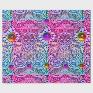 BLOEMEN, PAUWEN, DRAKEN, ROZE PAARSE GELE PARELTJE CADEAUPAPIER