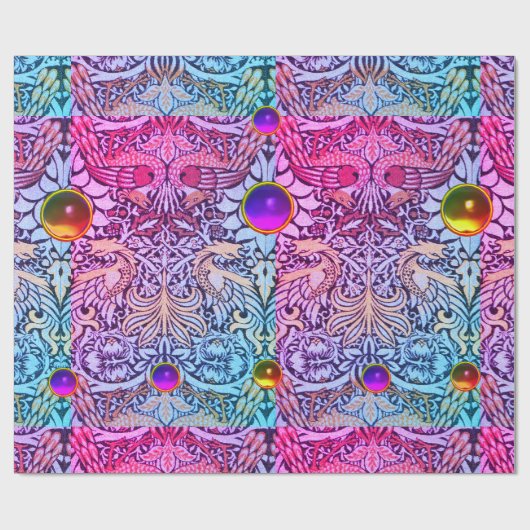 BLOEMEN, PAUWEN, DRAKEN, ROZE PAARSE GELE PARELTJE CADEAUPAPIER (Vlak)