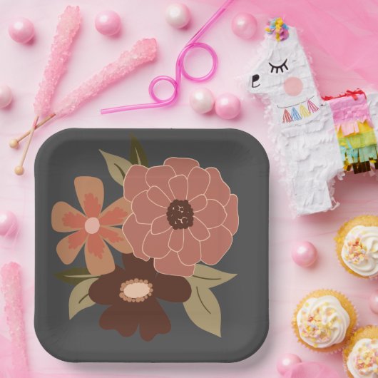 Bloemen Peach Grey Botanical Event Papieren Bordje (Feest)