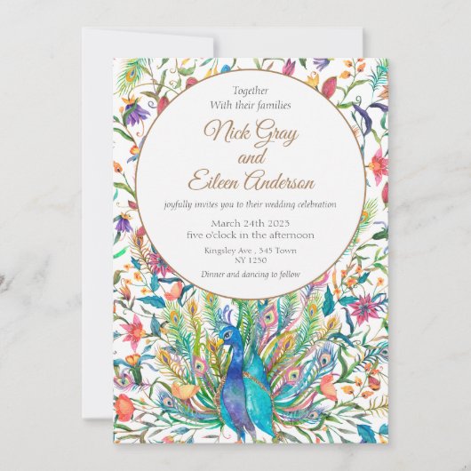 Bloemen Peacock & Feather bruiloft uitnodiging (Voorkant)