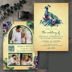  Bloemen Peacock Foto QR Code Bruiloft Kaart