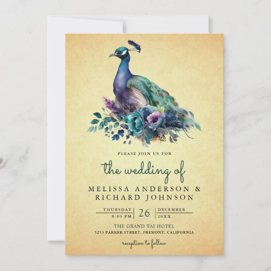  Bloemen Peacock Foto QR Code Bruiloft Kaart (Voorkant)