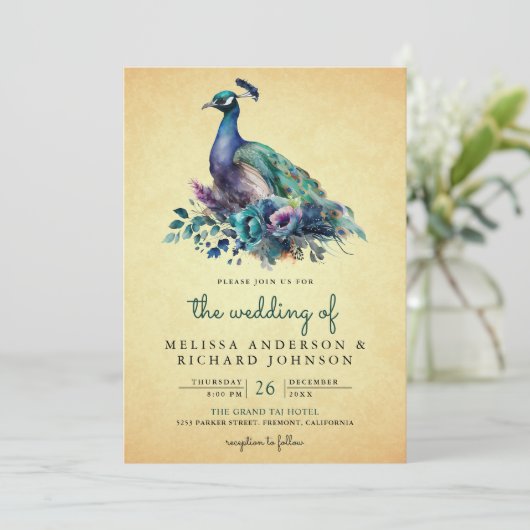  Bloemen Peacock Foto QR Code Bruiloft Kaart (Staand voorkant)