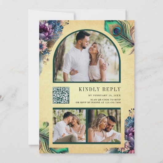 Bloemen Peacock Foto QR Code Bruiloft Kaart (Achterkant)