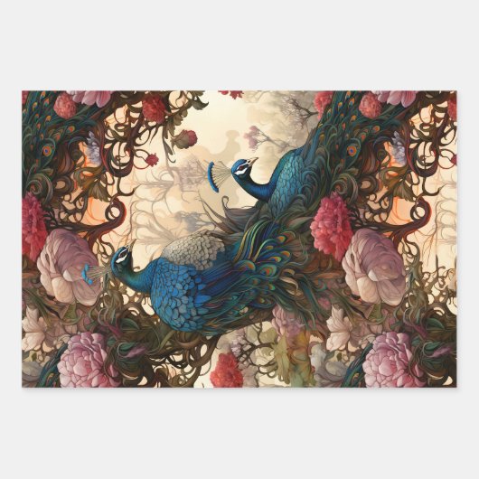  Bloemen Peacock Victoriaans Art Nouveau Inpakpapier Vel (Voorkant 2)