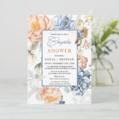 Bloemen Perzik Blush Blauw Bruiloft Kaart (Staand voorkant)