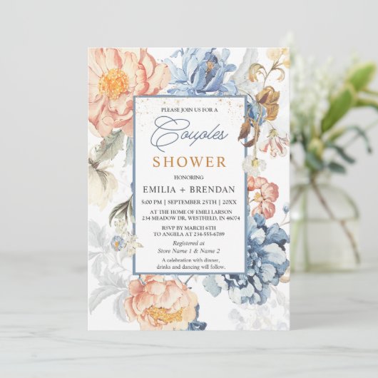 Bloemen Perzik Blush Blauw Bruiloft Kaart (Staand voorkant)