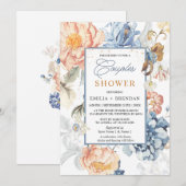 Bloemen Perzik Blush Blauw Bruiloft Kaart (Voorkant / Achterkant)