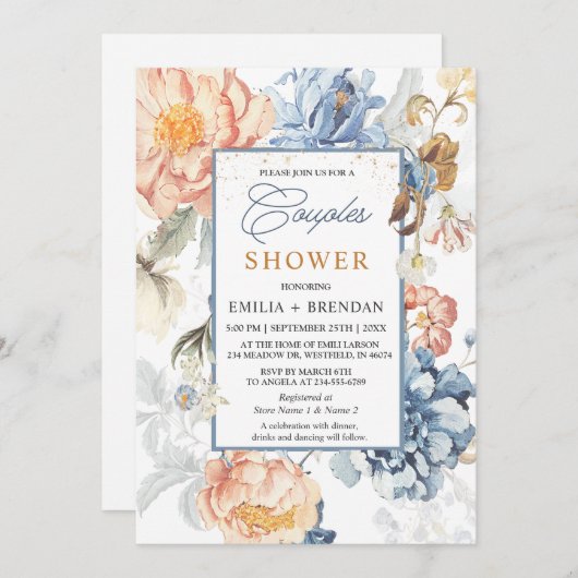 Bloemen Perzik Blush Blauw Bruiloft Kaart (Voorkant / Achterkant)