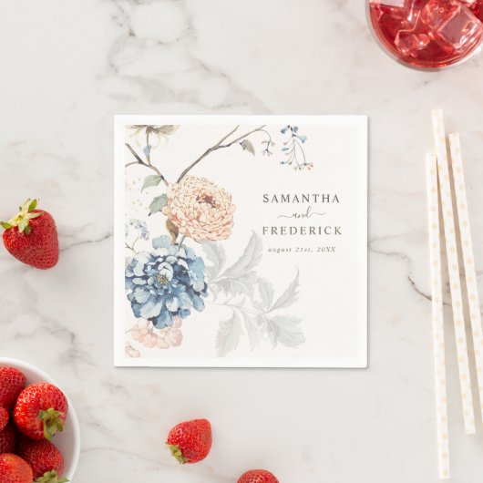 Bloemen Perzik Blush Blauw Bruiloft Servet (Insitu)