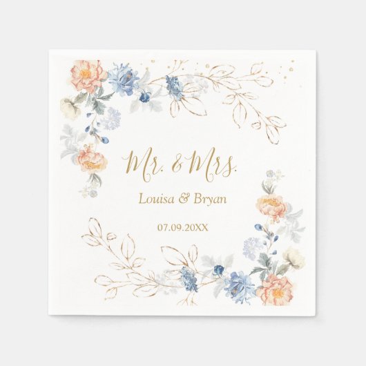 Bloemen Perzik Blush Blauw Bruiloft Servet (Voorkant)