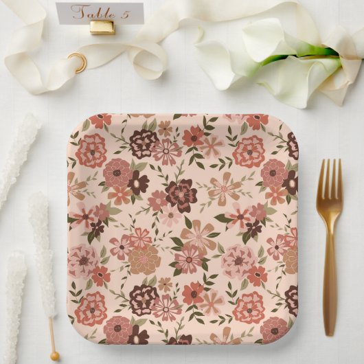 Bloemen Perzik Bruin Botanisch Evenement Papieren Bordje (Huwelijk)