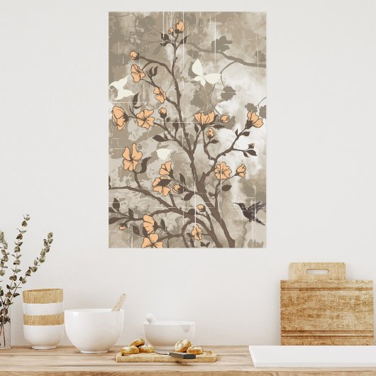 bloemen perzikkleurig, sappe florale grunge aange poster (Keuken)