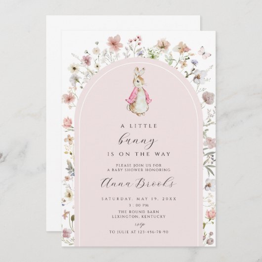 Bloemen peter konijn meisje Baby shower Uitnodigin Kaart (Voorkant / Achterkant)