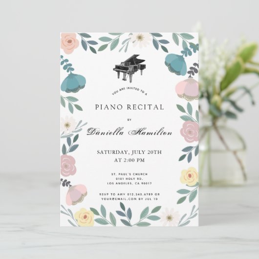 Bloemen Piano Wit Overweging Uitnodiging (Staand voorkant)