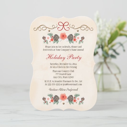  Bloemen Pinecone Business Holiday Party Kaart (Staand voorkant)