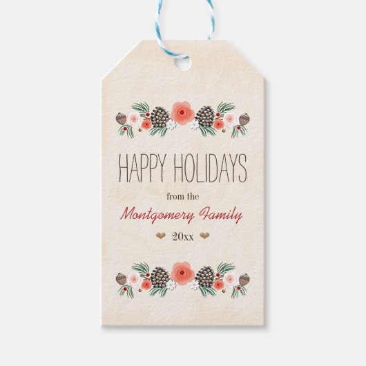  Bloemen Pinecone Happy Holiday Gift Label Cadeaulabel (Voorkant)
