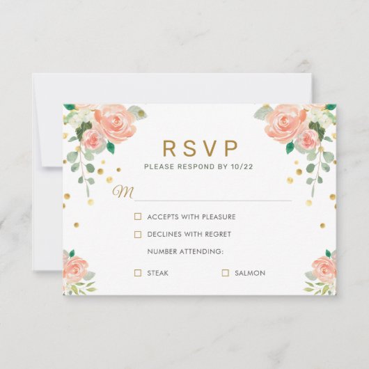 Bloemen Pioen en Goud Confetti Classy Elegant Chic RSVP Kaartje (Voorkant)