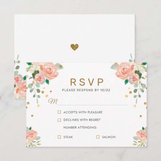 Bloemen Pioen en Goud Confetti Classy Elegant Chic RSVP Kaartje (Voorkant / Achterkant)