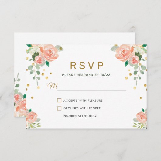 Bloemen Pioen en Goud Confetti Classy Elegant Chic RSVP Kaartje (Voorkant / Achterkant)