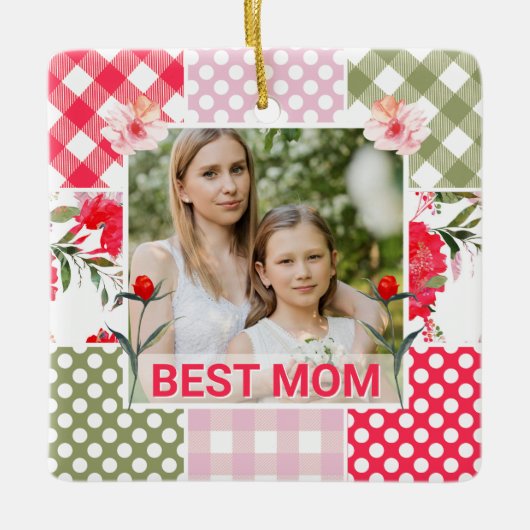 Bloemen & Plaid Fotolijst Moederdag Keramisch Ornament (Voorkant)