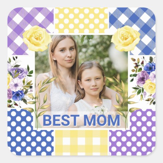 Bloemen & Plaid Fotolijst Moederdag Vierkante Sticker (Voorkant)