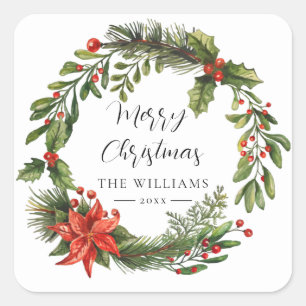 Bloemen Poinsettia Groen Familie Kerstmis Custom Vierkante Sticker
