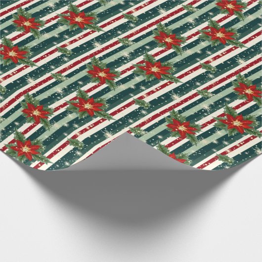 Bloemen  Poinsettia Kerst gestreept Cadeaupapier (Hoek)
