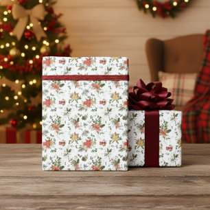  Bloemen Poinsettia Kerst Patroon Wit Cadeaupapier