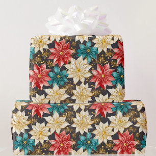 Bloemen Poinsettia Kerstmisontwerper Rood Turquois Cadeaupapier