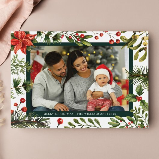 Bloemen Poinsettia Plaid Familie Foto Tartan Feestdagenkaart