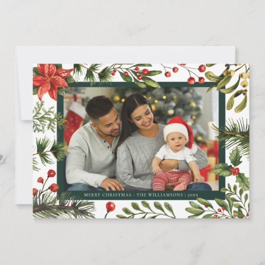 Bloemen Poinsettia Plaid Familie Foto Tartan Feestdagenkaart (Voorkant)