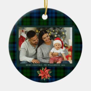 Bloemen Poinsettia Plaid Familie Foto Tartan Keramisch Ornament